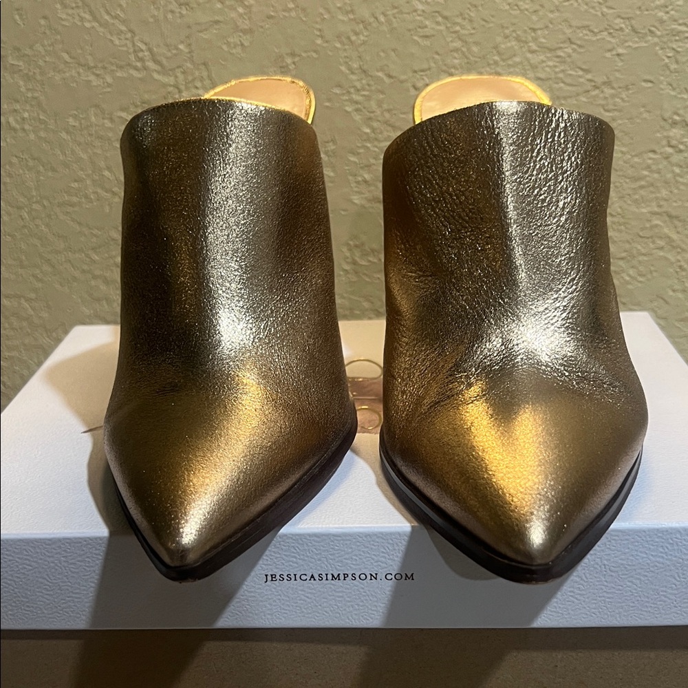 Jessica Simpson Metallic Gold Pointed-Toe Slip-On  Wedge Mules - Size (11) - GUC